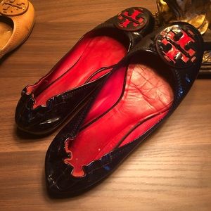 Navy Blue & Red Patent-Leather Tory Burch Flats
